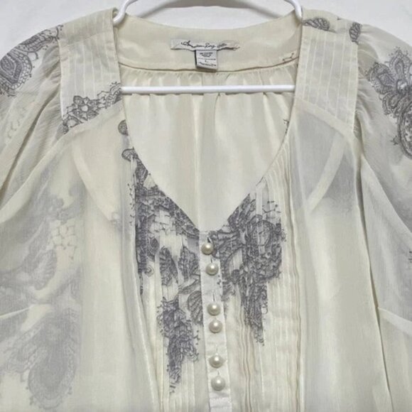 American Rag Cie Sheer Blouse Women's Large Ivory pearl Gray Paisley 3/4 Sleeve - Picture 11 of 11